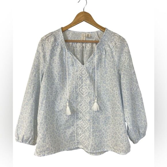 Joie Blue and White Floral Embroidered Long Sleeve Blouse. Size M - Picture 1 of 6